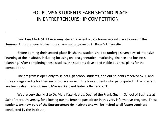 Four JMSA Students Earn 2nd Place In Entrepreneurship Competition