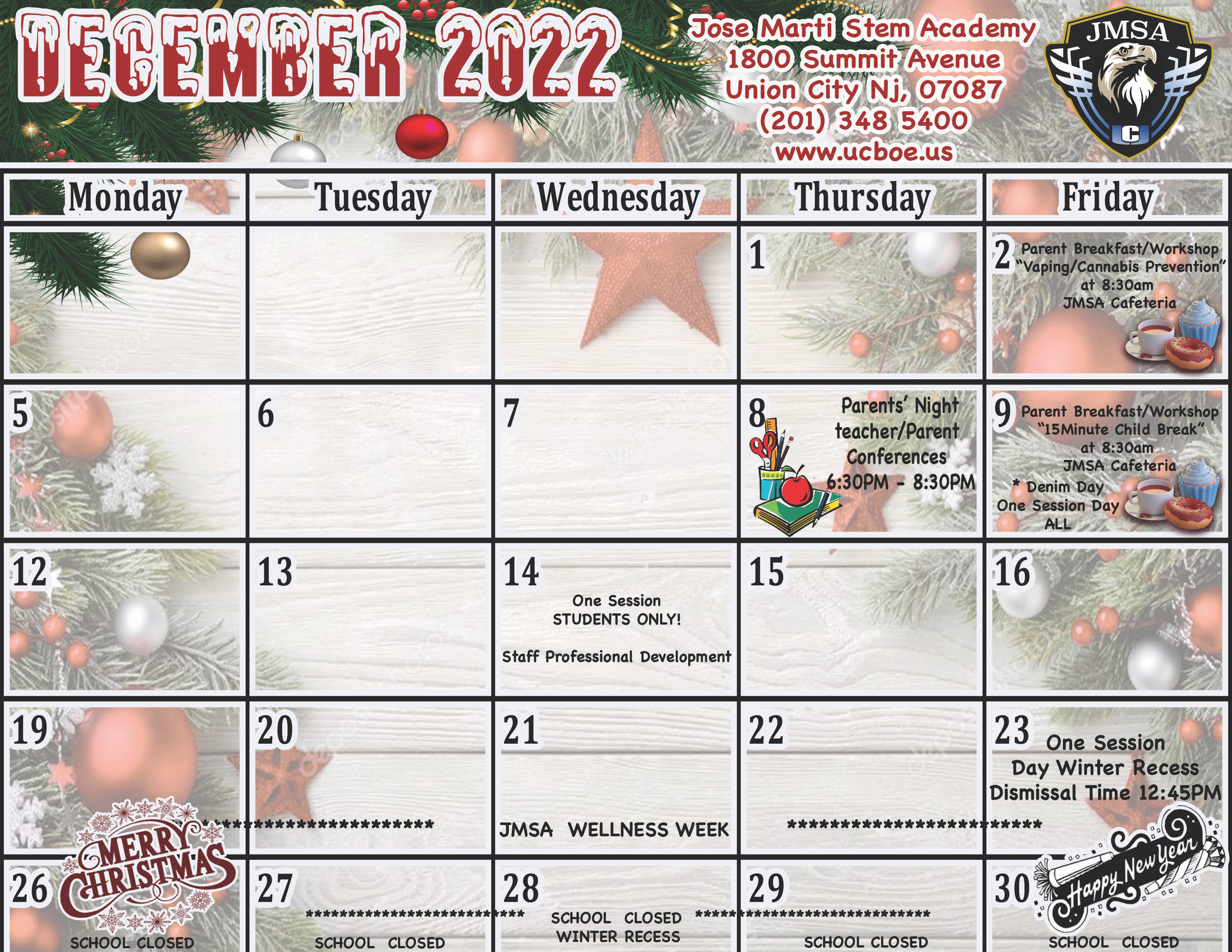 JMSA December 2022 Calendar